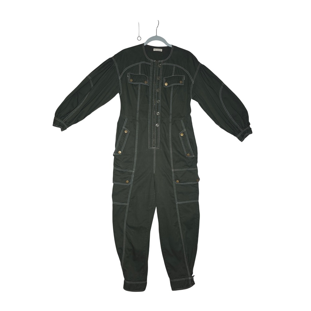 Ulla Johnson Olive Green Contrast Stitch Utility Cargo Jumpsuit Size 4 Flaw! See
